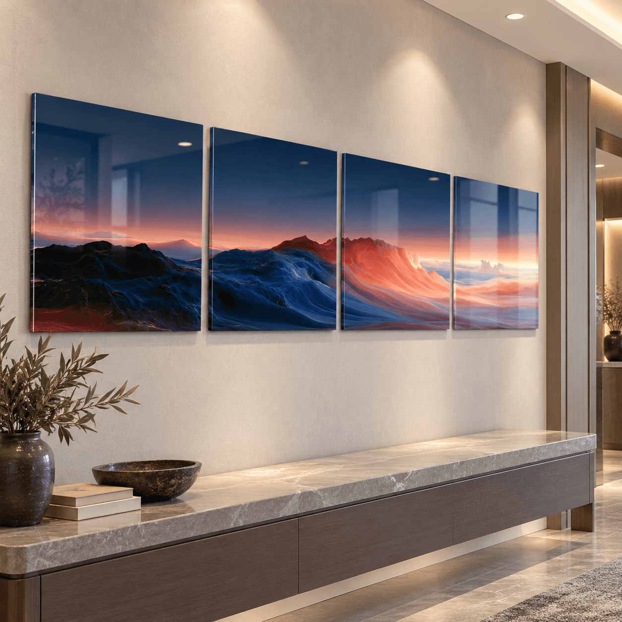 4-panel abstract sunset artwork on an entryway wall above a marble console